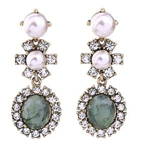 Green Dangle Simulated Pearl and Rhinestone Earrings